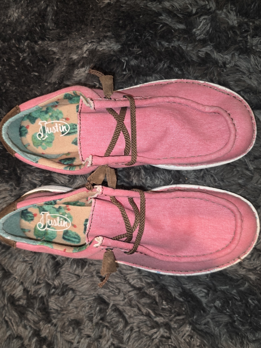 Justin Boots Pink Canvas Slip-On Shoes with Brown Laces
